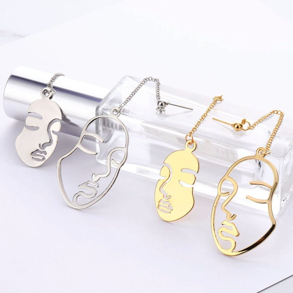 NEW Unique Abstract Hallow Face Asymmetric Stud Chain Drop Dangle Earrings GOLD - Picture 7 of 8